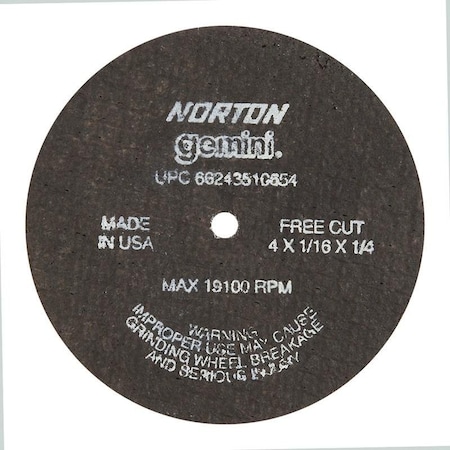 Norton Co SMALL CUT-OFF BLADES, Type 1 - Metal - Gemini Aluminum Oxide, Size: 4 x 1/16 x 1/4, Max RPM: 19100 662435-10654